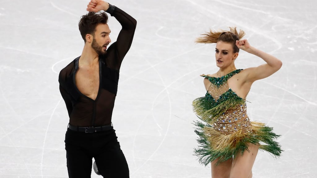 Guillaume Cizeron and Gabriella Papadakis of France perform during Monday’s ice dance short dance at the Gangneung Ice Arena. Photograph: Damir Sagolj/Reuters