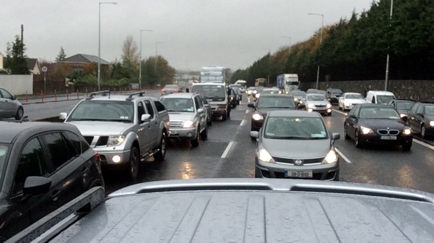 Traffic on the Lucan road from the perspective of a motorist caught for several hours after a crash on the M50. Photograph: Deirdre Betson