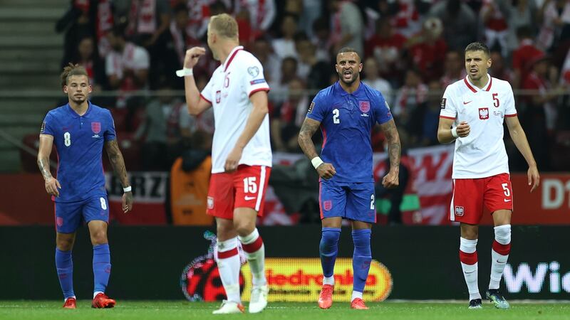 Kamil Glik of Poland gestures toward England’s Kyle Walker during the World Cup qualifier at Stadion Narodowy in Warsaw. Photograph: Eddie Keogh/The FA via Getty Images