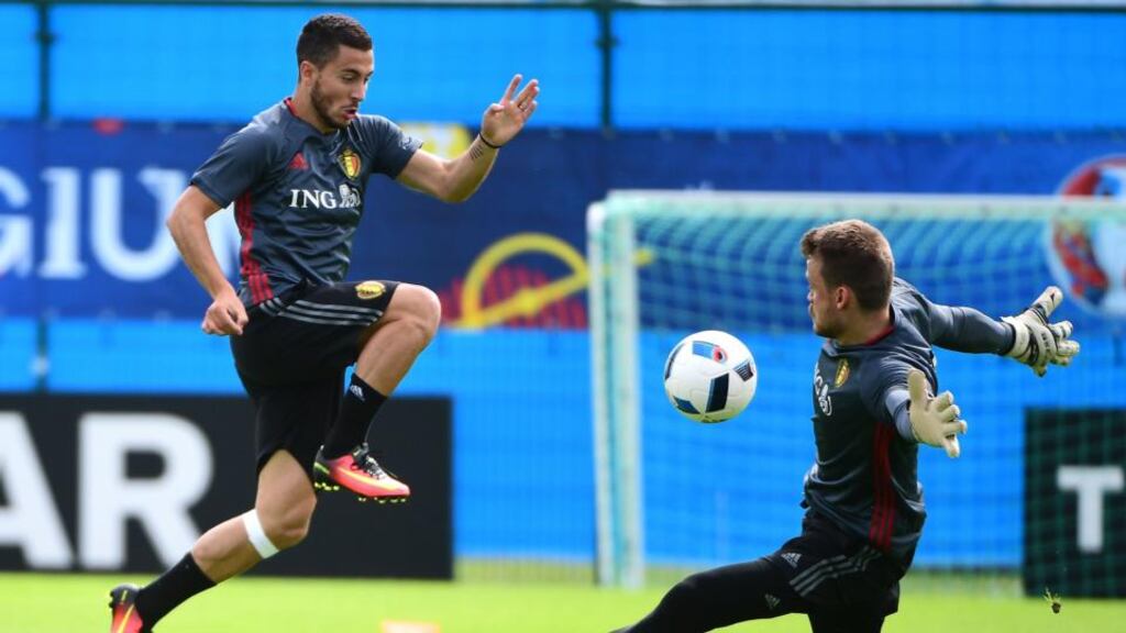 Belgium’s forward Eden Hazard (left) and  goalkeeper Simon Mignolet in a training session ahead of Euro 2016. Photograph: Emmanuel Dunand/AFP/Getty Images