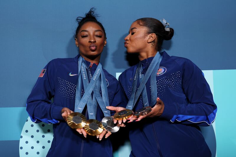 Simone Biles and Jordan Chiles of Team United States pose with their Paris 2024 Olympic medals following the floor exercise final. Photograph: Jamie Squire/Getty Images