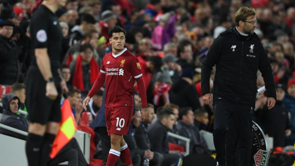 Philippe Coutinho is substituted by Jürgen Klopp in his last Liverpool appearance, against Leicester on  December 30th. Photograph: Paul Ellis/AFP