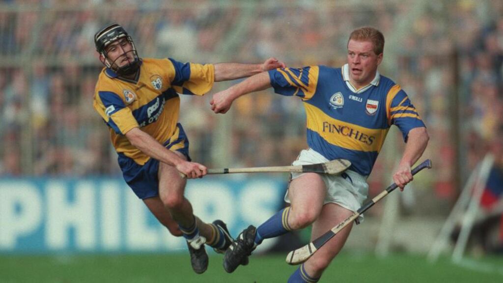 Clare defender Seán McMahon (left) tackles Declan Ryan of Tipperary during the 1997 All-Ireland hurling final, the first time intra-provincial rivals met at the venue. Photograph: Patrick Bolger/Inpho