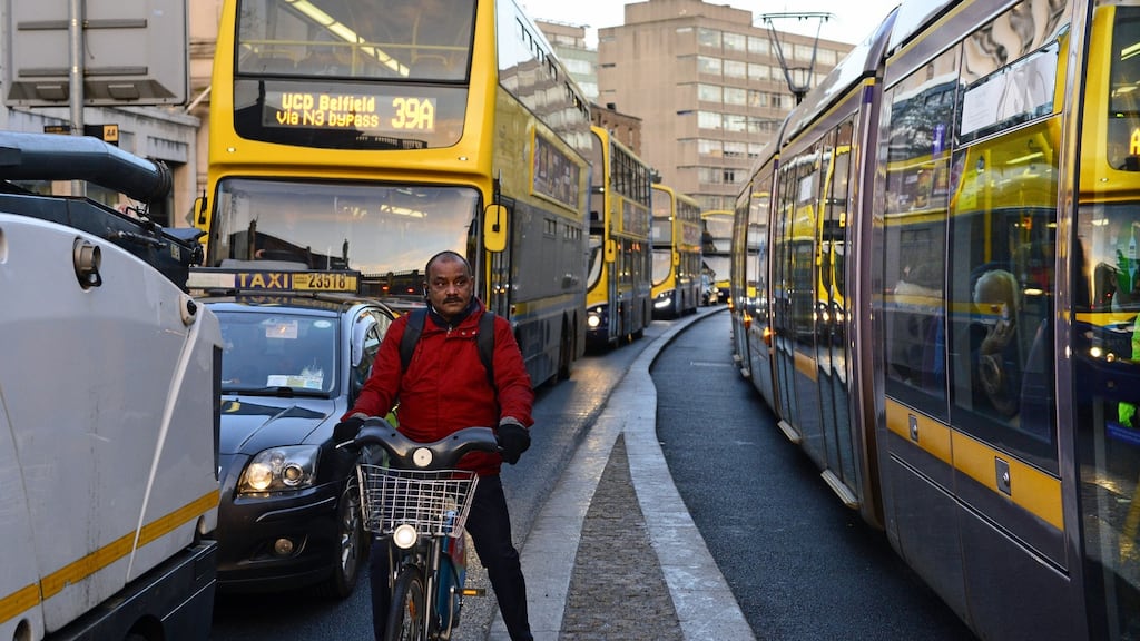 The introduction of the new Luas Green Line in December led to traffic delays in the Trinity College/Nassau Street area in the run up to Christmas. Photograph: Cyril Byrne/The Irish Times