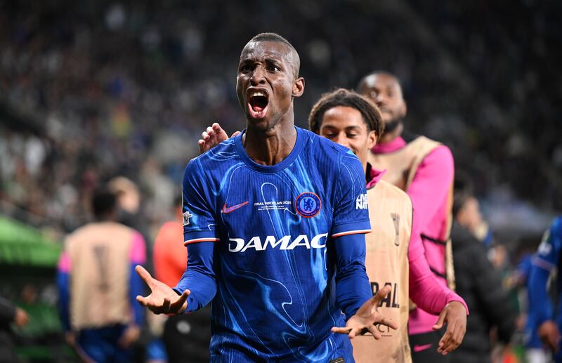 Chelsea's Nicolas Jackson celebrates finding the net for Chelsea against Real Betis in the Conference League final. Photograph: Rafal Oleksiewicz/PA Wire