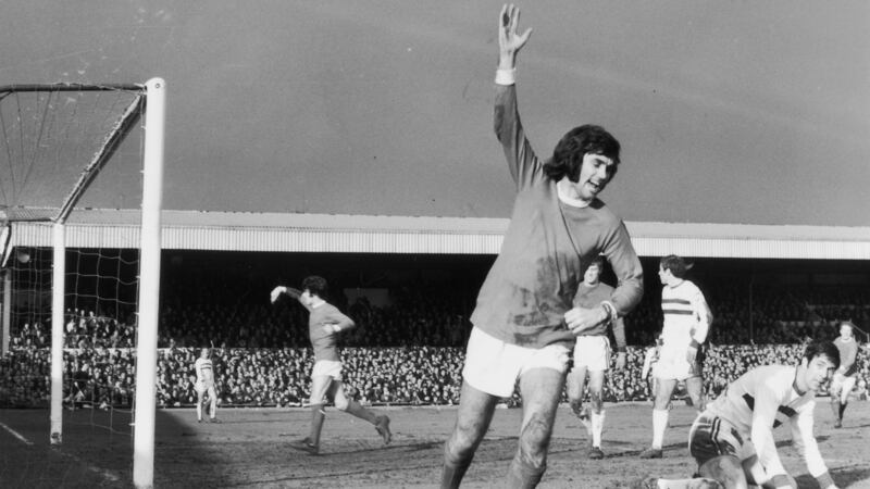 Manchester United’s George Best celebrates scoring against Northampton in an FA Cup tie in 1970. Photograph: Michael Webb/Keystone/Getty Images