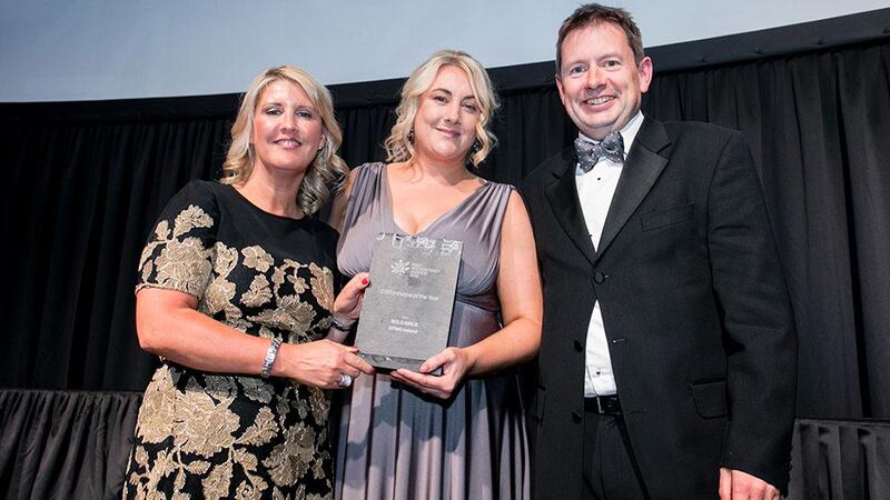 Joanne Gilson, Head of Accountants Division, Sage, presents the CSR Initiative of the Year award to Karina Howley & Seamus Hand, KPMG Ireland.