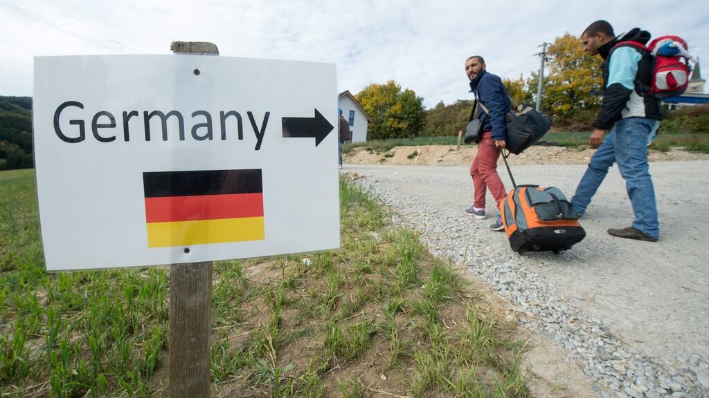 Refugees from Syria near the Austrian-German border in Julbach, Austria. Austria has become the main transit country for migrants travelling from the Balkans to Germany. Photograph: EPA