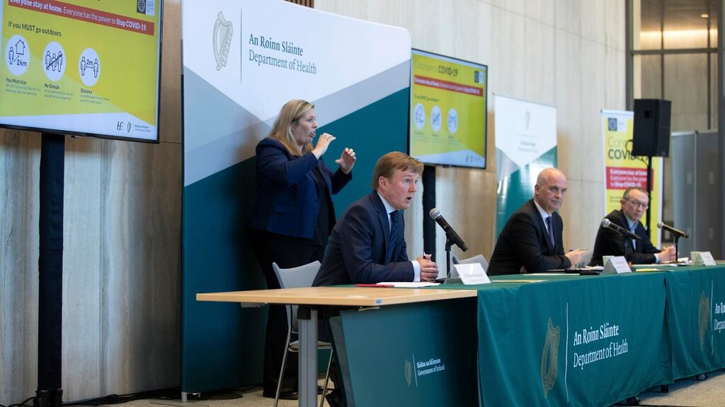 From left, Dr Cillian De Gascun, Director of the National Virus Reference Laboratory , Dr Tony Holohan, Chief Medical Officer at the Department of Health, and Dr Colm Henry, Chief Clinical Officer HSE. Photograph: Colin Keegan/Collins Dublin