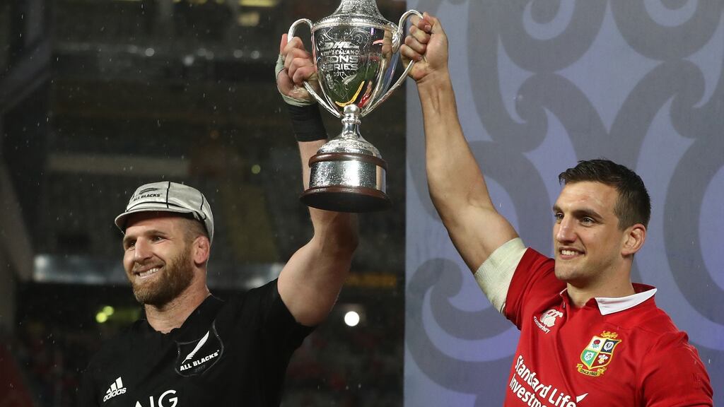 Opposing captains Kieran Read of the All Blacks and Sam Warburton of the Lions lift the trophy following a drawn series in 2017. Photograph: David Rogers/Getty Images