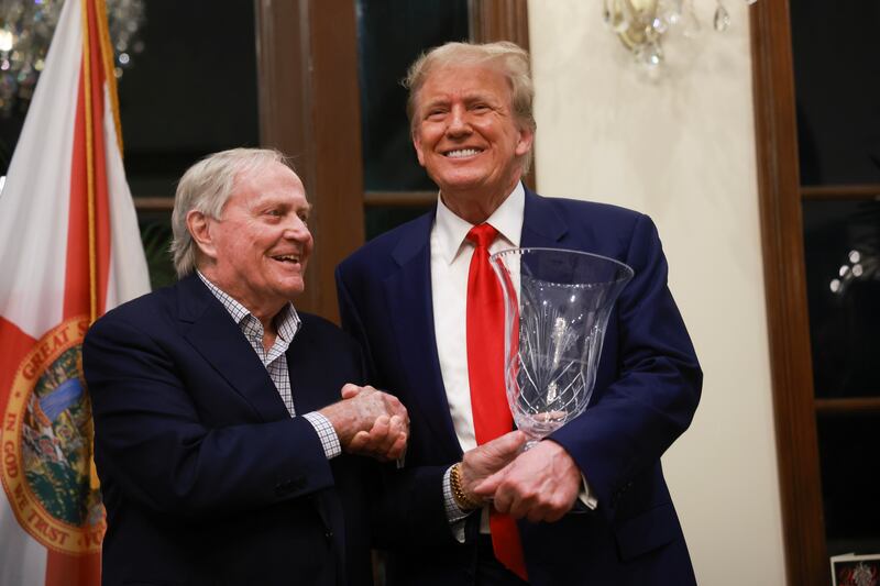 Jack Nicklaus presents Republican presidential candidate Donald Trump with the Trump International GC most improved player award in West Palm Beach, Florida. Photograph: Joe Raedle/Getty Images