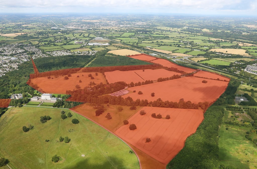 An aerial view of the subject lands show their location next to the grounds of Castletown House in Celbridge, Co Kildare.