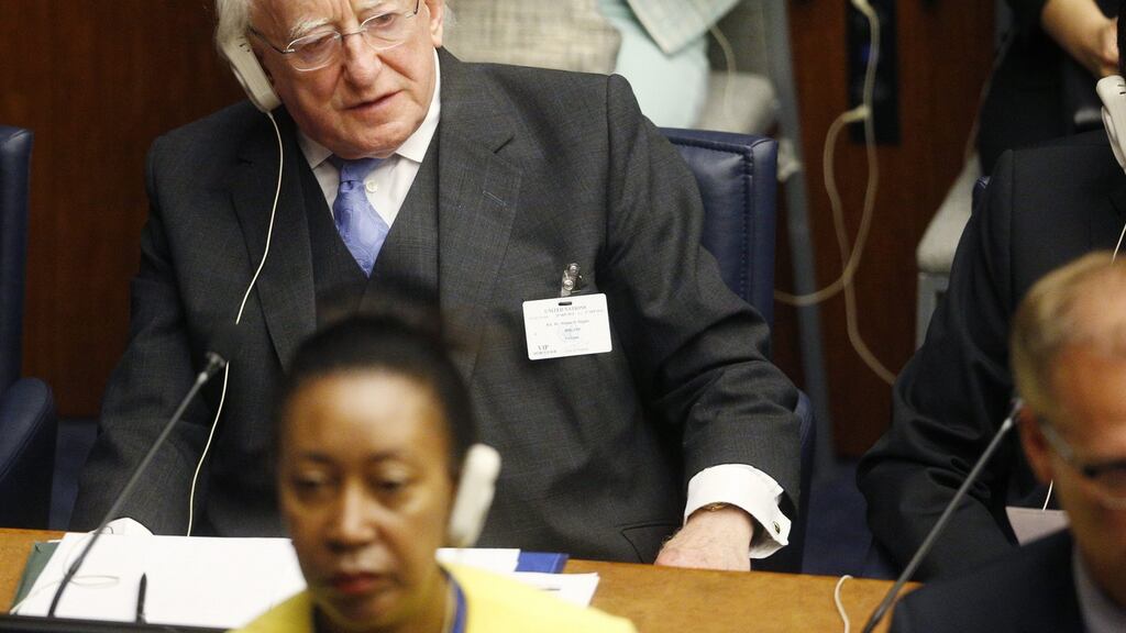 President Michael D Higgins listens during the United Nations Sustainable Development Summit at the UN headquarters in New York earlier this week. Photograph: Andrew Gombert/EPA