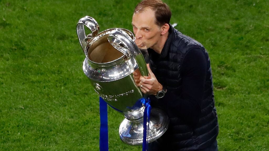 Chelsea manager Thomas Tuchel celebrates after winning the Champions League final. Photograph: Susana Vera/POOL/AFP via Getty Images