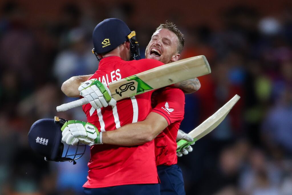 England's Jos Buttler (right) and Alex Hales celebrate following victory over India in the T20 World Cup semi-final. Photograph: PA Wire