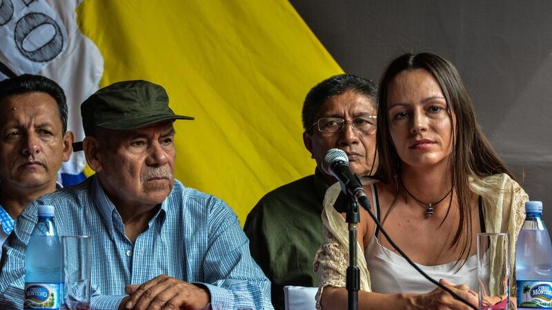 Co-founder of the Farc Miguel Pascuas (2-L) with guerrilla fighter Tanja Nijmeijer and two commanders in Havana on May 27th, 2014, the 50th anniversary of the group’s foundation. Photograph: Adalberto Roque/AFP/Getty Images