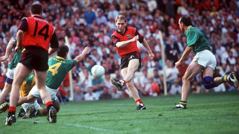 Down’s Mickey Linden in action against Terry Ferguson and Mick Lyons of Meath during the 1991 All-Ireland final. The counties meet in the Tailteann Cup final this weekend. Photograph: David Maher/Sportsfile