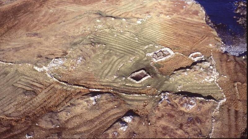 An aerial photograph of the main ruins on Caher Island next to Portatemple. Photograph: Michael O'Sullivan.