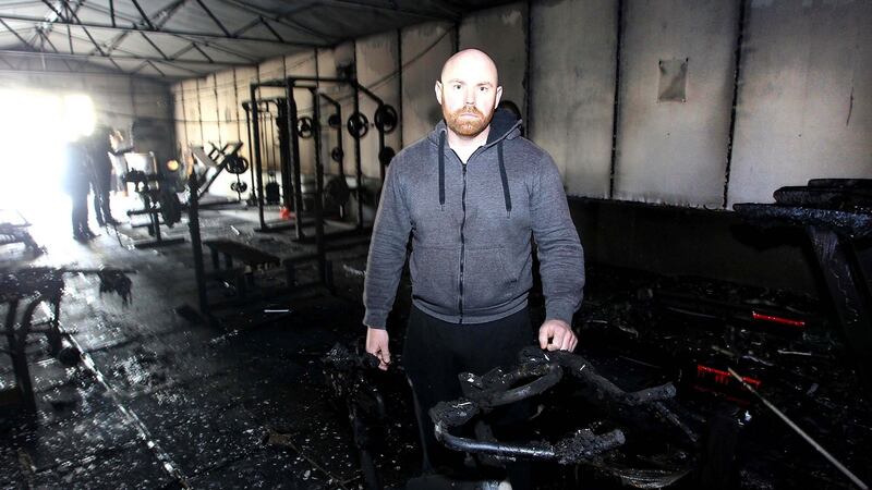 Connell Donnelly inside the gutted interior of his fitness suite at The Moy GAA club in April 2016. The clubhouse was badly damaged in a similar attack in September 2015. photograph: Pacemaker