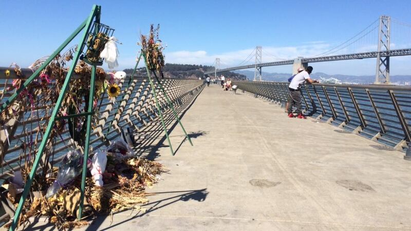 Wilted and fresh flowers mark the spot on Pier 14 where Kate Steinle was shot in the back walking arm-in-arm with her father on July 1st.