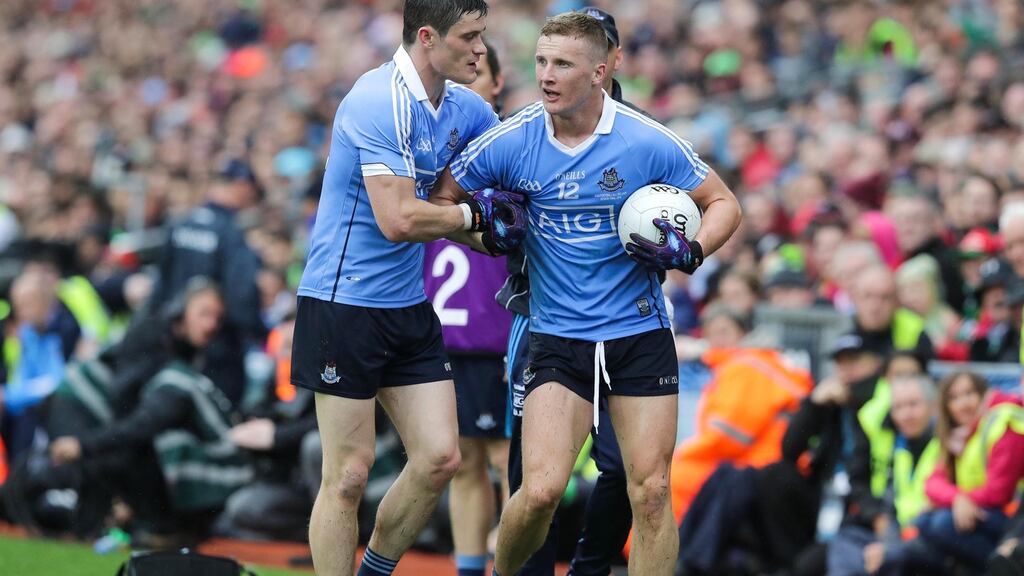 Dublin’s Diarmuid Connolly and Ciarán Kilkenny on the sideline in added time. It was one of the only times all day that Connolly had a chance to shoot at the posts without Lee Keegan stuck to his side. Photograph: INPHO/Morgan Treacy