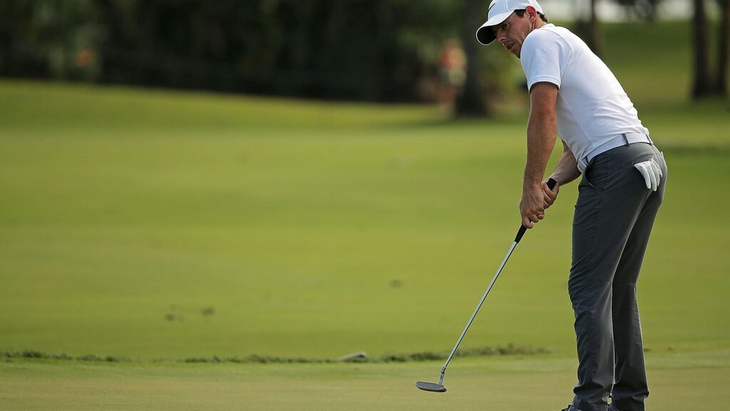 Rory McIlroy putts using his new grip during a practice round ahead of the WGC-Cadillac Championship at Trump National Doral in Florida. Photograph: Mike Ehrmann/Getty Images