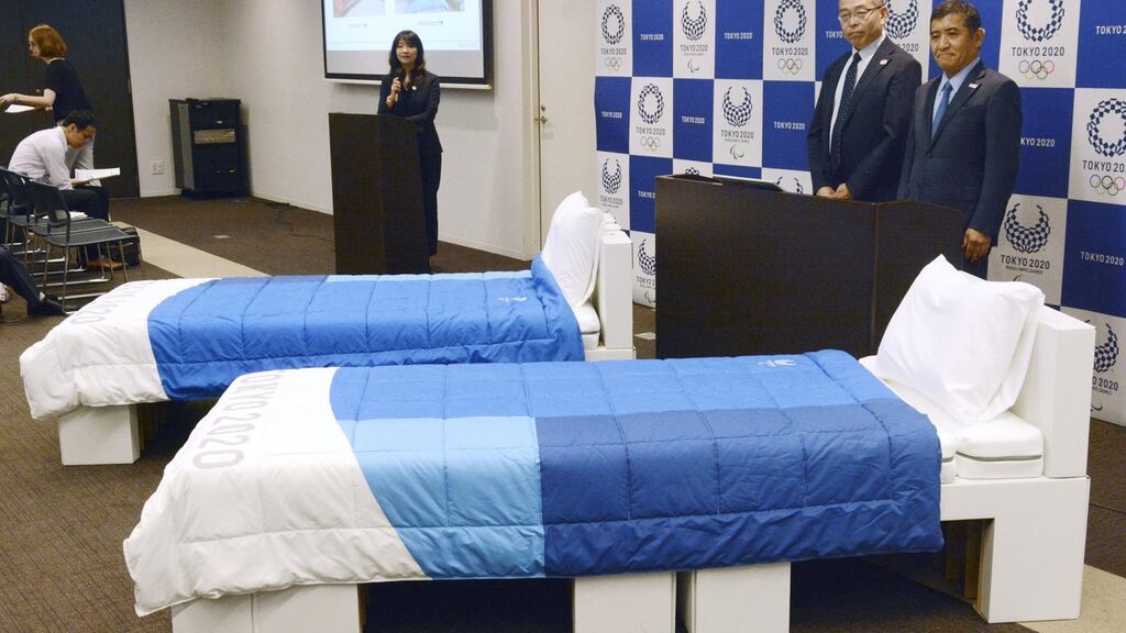 The 2020 Tokyo Olympics and Paralympics organising committee and Japanese mattress maker Airweave Inc. unveil beds and bedding items to be used at the athletes village for the summer games. Photo: Kyodo News via Getty Images