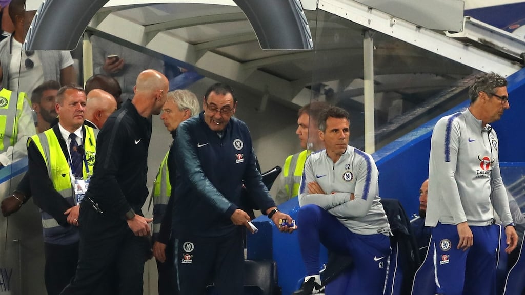 Referee Kevin Friend sends Maurizio Sarri off at Stamford Bridge. Photograph: Warren Little/Getty Images