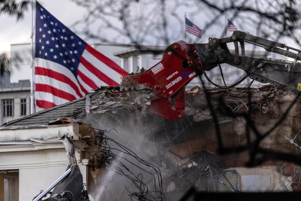 Demolition on the White House’s East Wing in Washington. The White House is demolishing the entirety of the East Wing to make way for President Trump’s $200 million ballroom. Photograph: Alex Kent/The New York Times