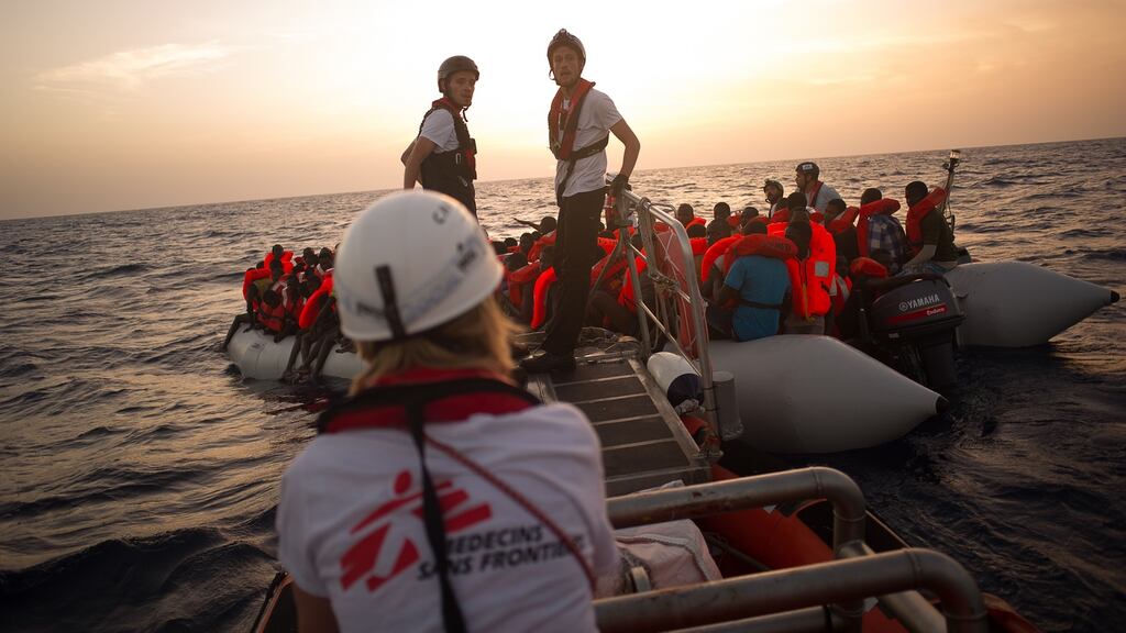 Rescue teams from Médecins Sans Frontières and SOS MEDITERRANEE during a rescue operation in the Mediterranean sea. Photograph: Guillaume Binet/MYOP