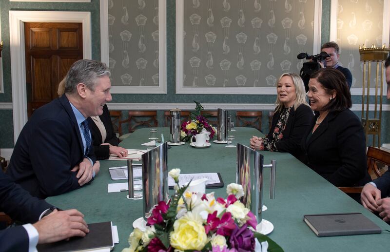 Keir Starmer meets with Sinn Féin president Mary Lou McDonald and now Northern Ireland First Minister Michelle O'Neill at Stormont in January 2023. Photograph: Charles McQuillan/Getty Images