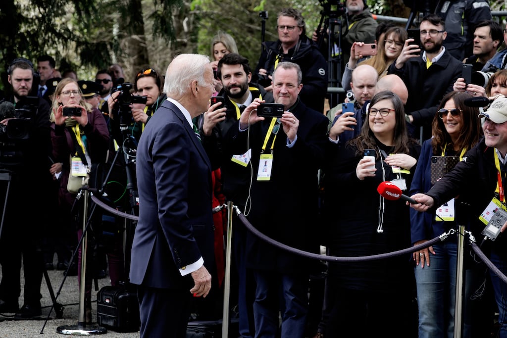 Where Joe Biden goes, the US press pack follows, alongside local media. Photograph: Maxwells Dublin