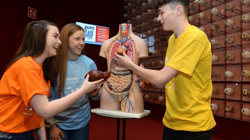 Transition year students Sarah McHale, Colaiste Bhaile Chlair, Galway, Grace Hayden, Institute of Education, Dublin and Patrick Sheridan, CBS Ennistymon, Co Clare. Photograph: Dara Mac Dónaill / The Irish Times