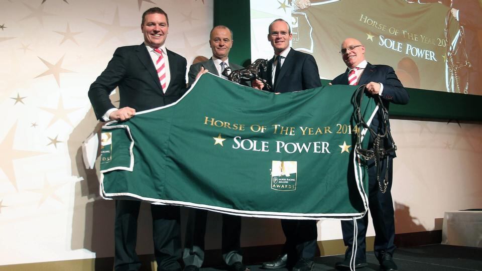 Horse of The Year winner was Sole Power. Pictured are Paddy and Willie Power, trainer Edward Lynam and Minister Simon Coveney. Photograph: Donall Farmer/Inpho