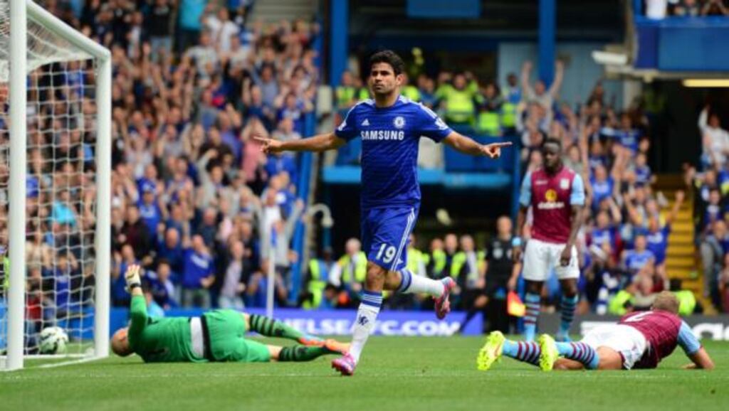 Diego Costa of Chelsea celebrates after scoring his team’s second against Aston Villa at Stamford Bridge. Photograph: Jamie McDonald/Getty Images