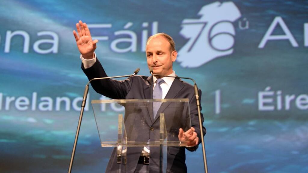 Fianna Fáil leader Micheál Martin during his keynote speech at the party’s ardfheis in Dublin on Saturday night. Photograph: Eric Luke/The Irish Times.