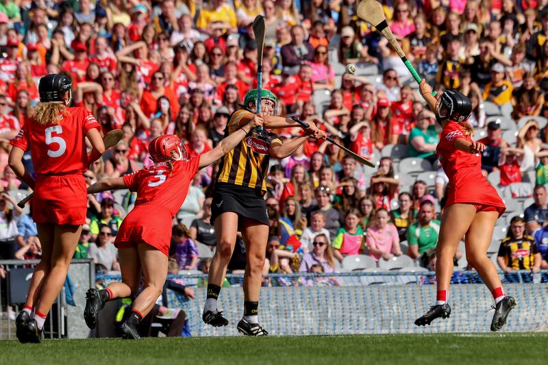 Kilkenny's Miriam Walsh does battle with Cork's Libby Coppinger and Laura Tracey in this year's All-Ireland final. Photograph: Bryan Keane/Inpho