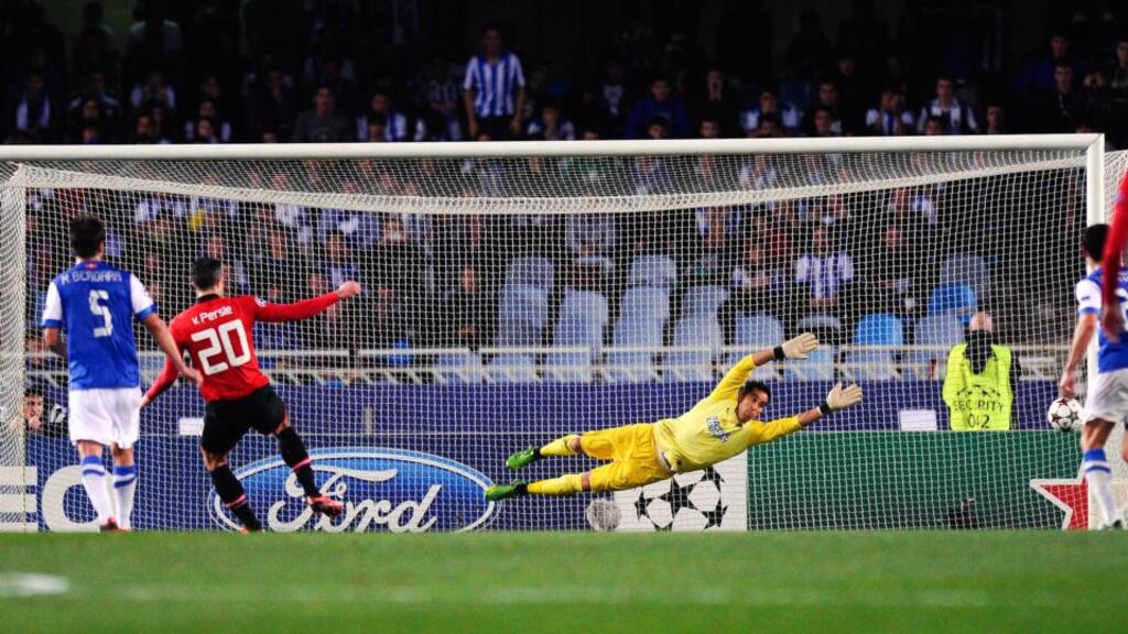 Robin van Persie of Manchester United hits the post with a penalty at Estadio Anoeta in San Sebastian. Photograph: David Ramos/Getty Images