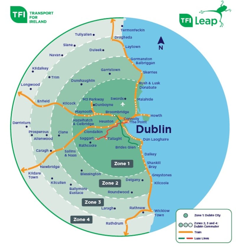 A Transport for Ireland depiction of a new zonal system that will take effect from Monday. Graphic: Irish Rail