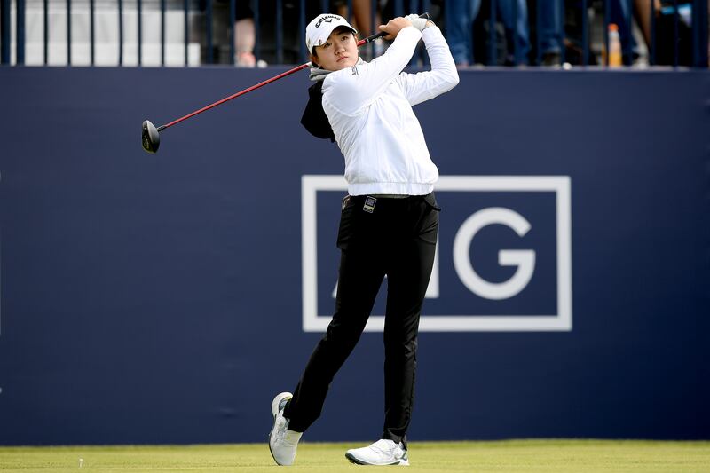 Rose Zhang of United States plays her tee shot on the first hole during the second round of the AIG Women's Open at Muirfield. Photograph: Octavio Passos/Getty Images