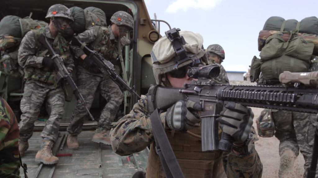 US and South Korean marines participate in a joint landing operation at Pohang seashore yesterday in Pohang, South Korea. Tension continues between North Korea and its neighbour. Photograph: Chung Sung-Jun/Getty Images