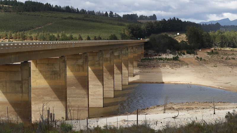 The critically low Theewaterskloof Dam in Villiersdorp, South Africa, the single biggest dam supplying water to the metropolis of Cape Town. ‘Day Zero’, when the water runs out in the city, is estimated to be April 20th. Photograph: Nic Bothma/EPA