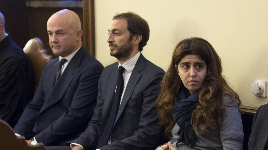 Italian journalists Gianluigi Nuzzi and Emiliano Fittipaldi and PR consultant Francesca Chaouqui during the Vatileaks 2 trial in the Vatican. Photograph: EPA/L’Osservatore Romano