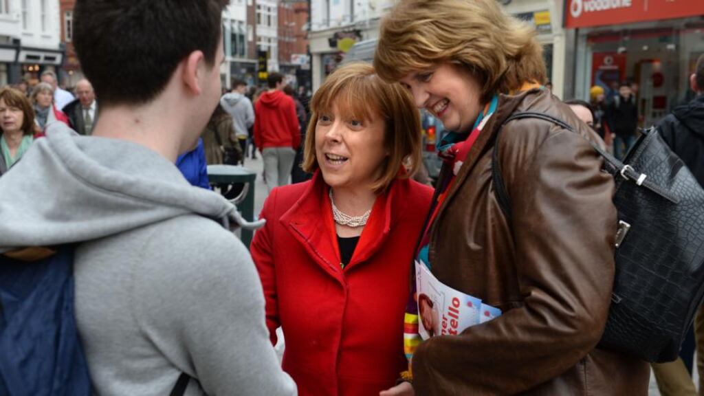 Labour’s European candidate Emer Costello canvassing on Grafton Street, Dublin, with Minister for Social Protection Joan Burton. Photograph: Dara Mac Dónaill