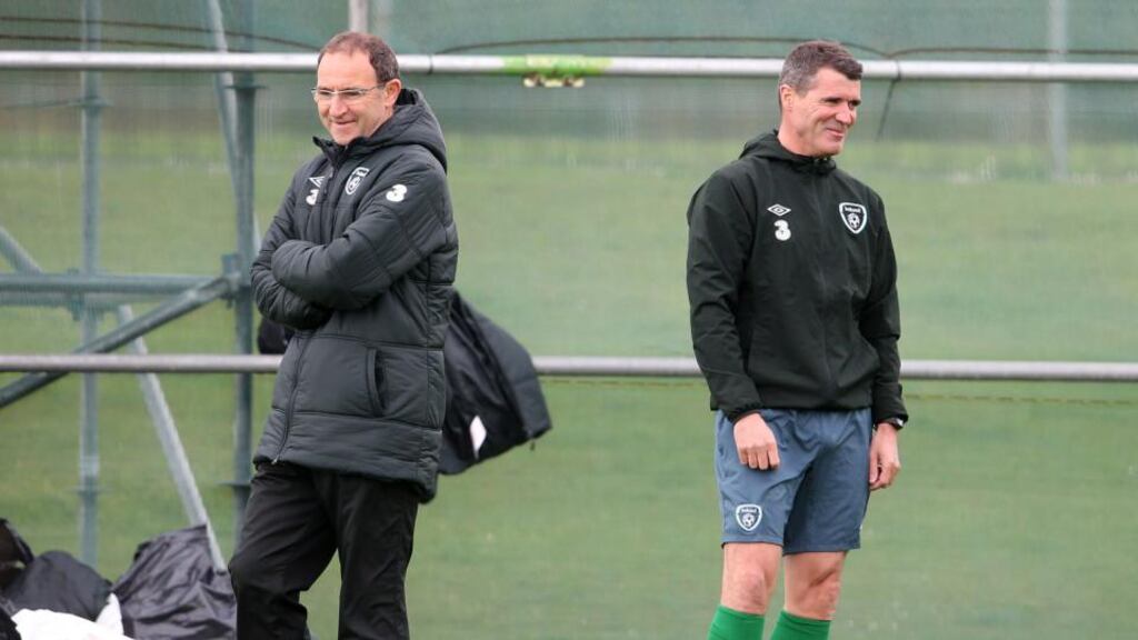 Manager Martin O’Neill and assistant manager Roy Keane at the Republic of Ireland’s last training session at Gannon Park before the squad’s departure for New York. Photograph: Cathal Noonan/Inpho