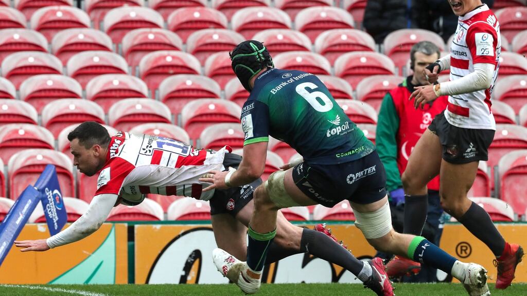Tom Marshall dives to score for Gloucester in their win over Connacht. Photograph: Billy Stickland/Inpho