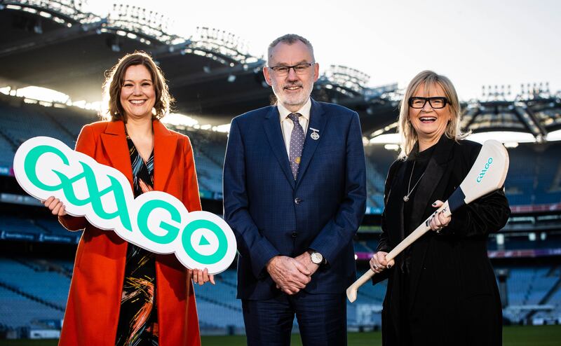 GAAGO presenter Gráinne McElwain, Uachtarán CLG Larry McCarthy and Director-General of RTÉ Dee Forbes. Photograph: Ryan Byrne/Inpho