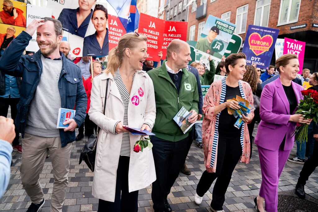 Five leaders of political parties campaigning in Copenhagen on Wednesday for a Yes vote to abolish Denmark's defence opt-out. There are (from left) leader of the Liberal Party Jakob Ellemann-Jensen; leader of the Social Liberal Party Sofie Carsten Nielsen; leader of the Conservative Party Soeren Pape; leader of the Socialist Peoples Party Pia Olsen Dyhr, and Denmark's prime minister and leader of the Social Democratic Party Mette Frederiksen. Photograph: Liselotte Sabroe/Ritzau Scanpix/AFP