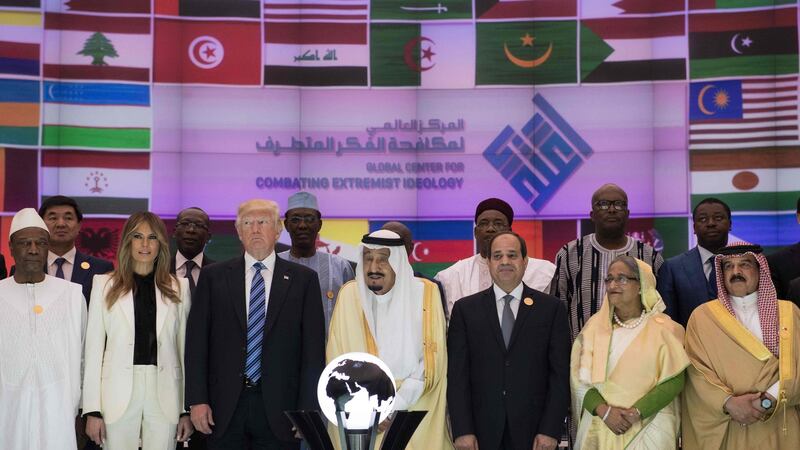 US President Donald Trump, US First lady Melania Trump, Saudi Arabia’s King Salman bin Abdulaziz al-Saud, and Egypt’s President Abdel Fattah el-Sisi pose for a group photo during the inauguration of the Global Center for Combating Extremist Ideology in Riyadh. Photograph: Mandel Ngan/AFP/Getty Images