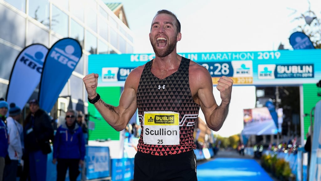 Stephen Scullion celebrates after winning the Irish national title at the KBC Dublin Marathon in 2019. Photograph:  Ramsey Cardy/Sportsfile